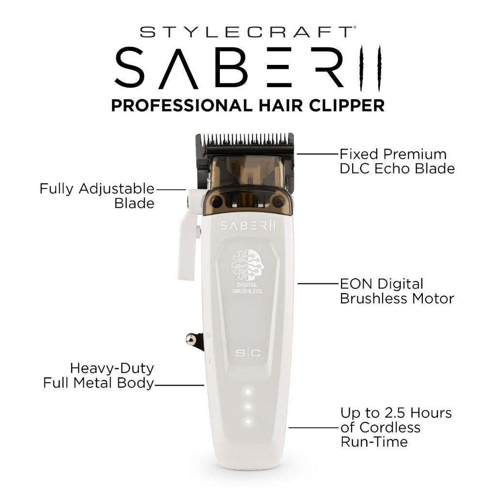 NEW StyleCraft Saber 2.0 Digital Brushless Motor Clipper - White
