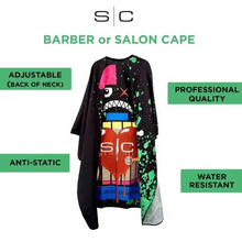 Load image into Gallery viewer, SC Stylecraft Waterproof Barber/Stylist Cape in Radioactive Black Design
